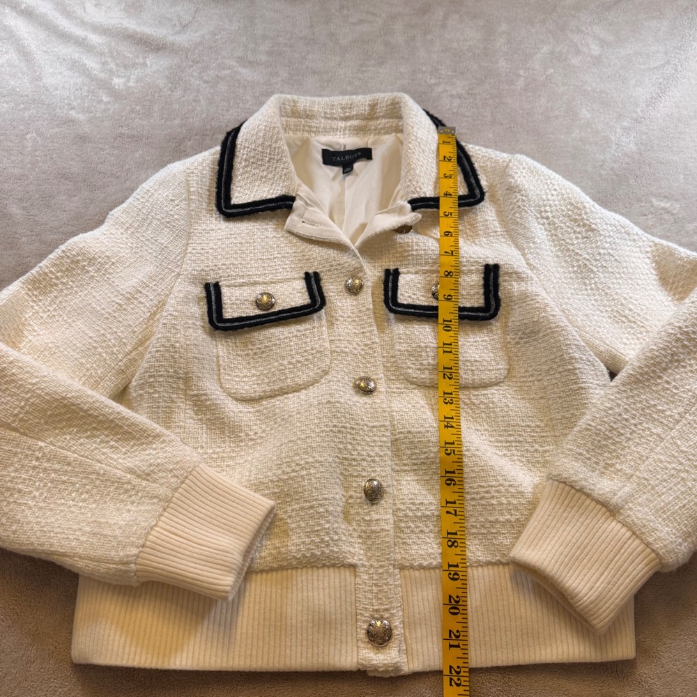 Talbots Cream Tweed Bomber Jacket with Black Trim and Gold Buttons - Picture 8 of 12
